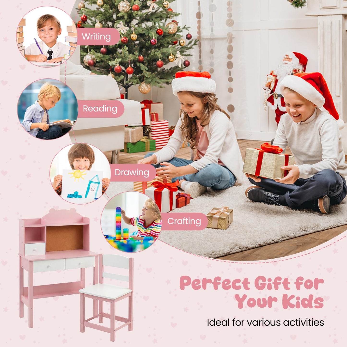 Kids Desk and Chair Set, Wooden Student Study Table with Drawers