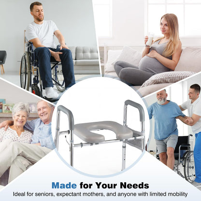 Adjustable Height and Width Raised Toilet Seat for Seniors with Padded Arms and Storage Bag