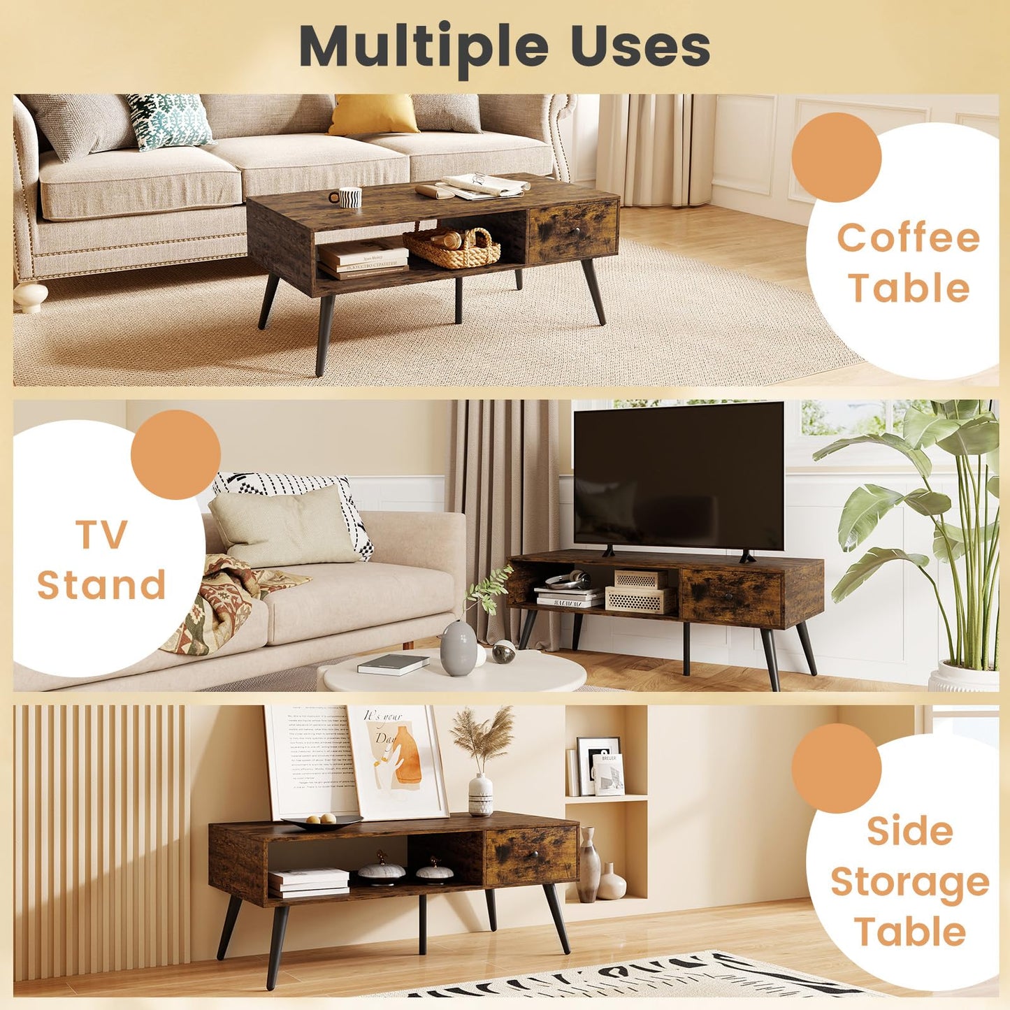 109cm Rectangular Wooden Coffee Table with Drawer and Storage Shelf