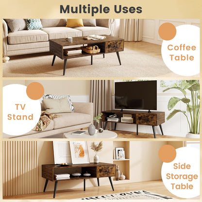 109cm Rectangular Wooden Coffee Table with Drawer and Storage Shelf