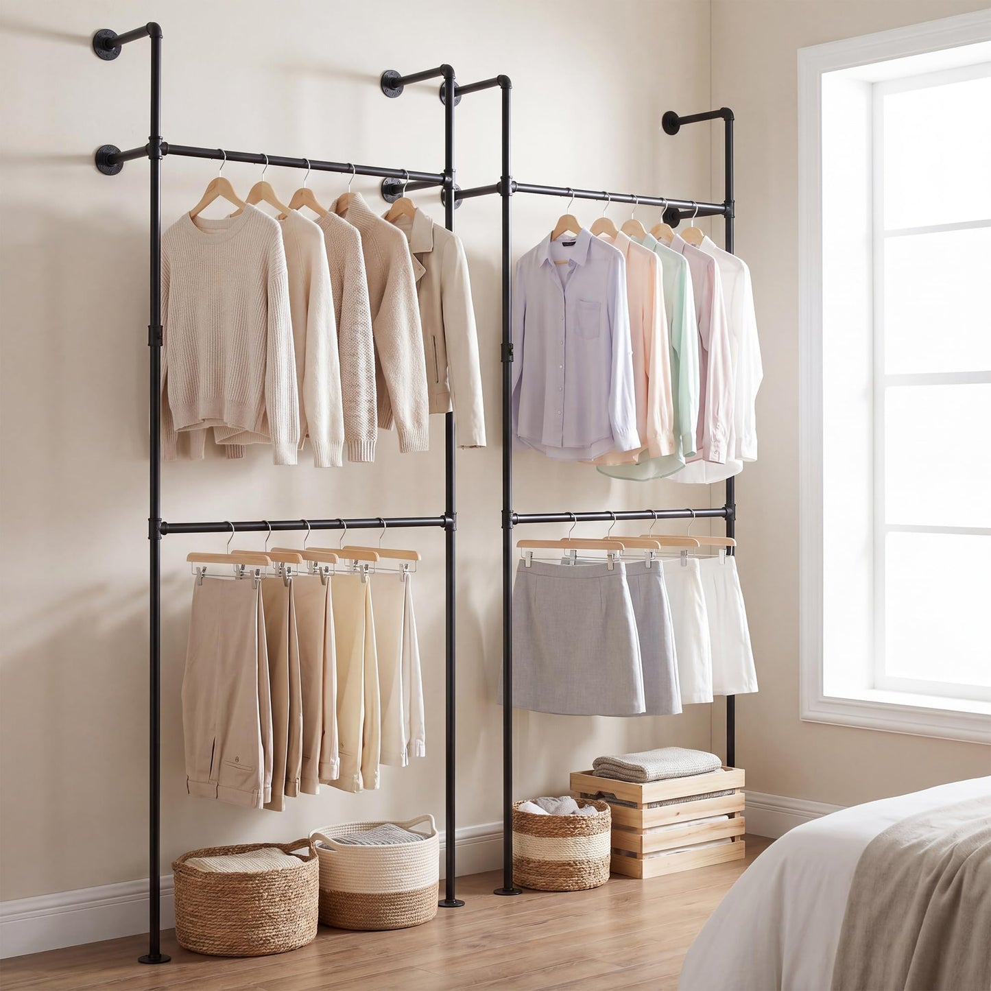 Telescopic Clothes Rail, 2-Tier Walk-in Closet System Open Wardrobe Organiser with 2/4 Hanging Rails