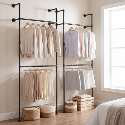 Telescopic Clothes Rail, 2-Tier Walk-in Closet System Open Wardrobe Organiser with 2/4 Hanging Rails