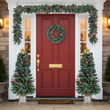 2 Pack Entrances Trees with Garland and Wreath Potted Christmas Tree Set of 4