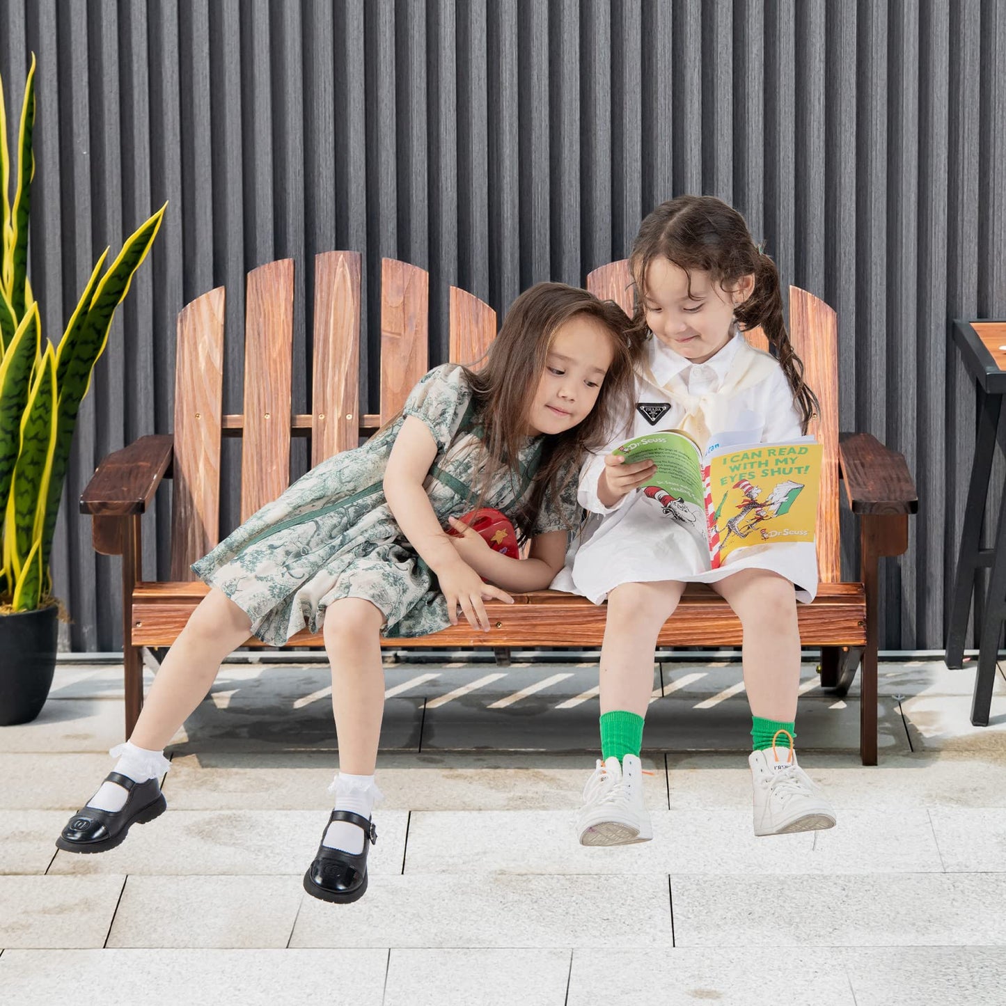 Kids 2-Seat Fir Wood Adirondack Chair with High Backrest
