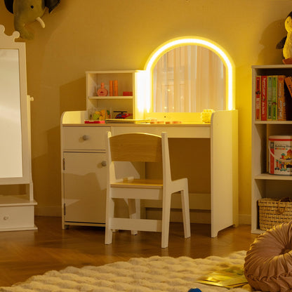 Kids Vanity Table and Stool Set with 2-Color LED Lights Mirror