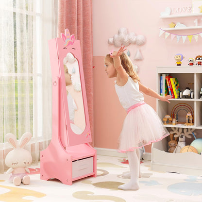 Kids Jewelry Cabinet with Full-Length Mirror and Foldable Drawer
