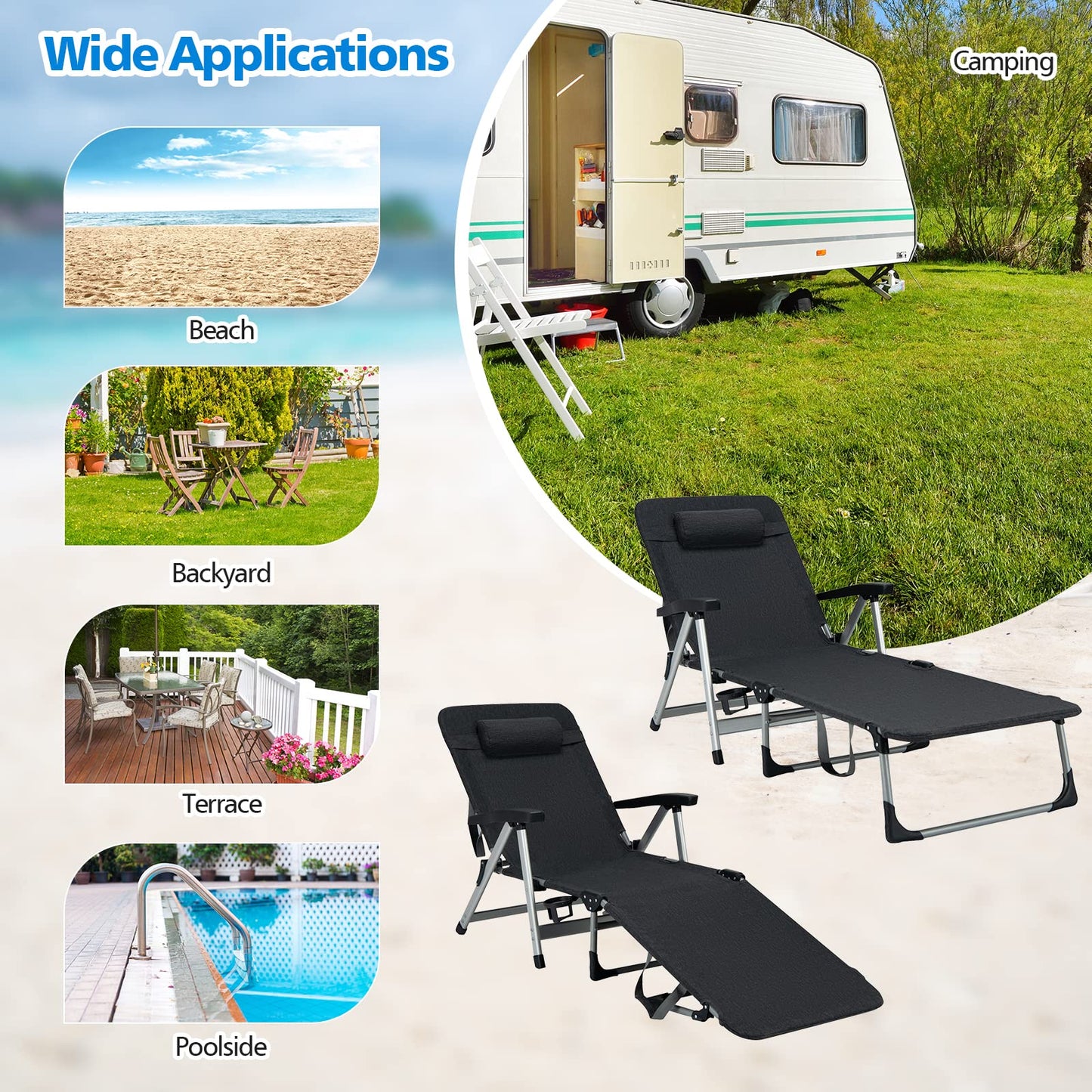 Folding Outdoor Chaise Lounger with Detachable Pillow and Cup Holder