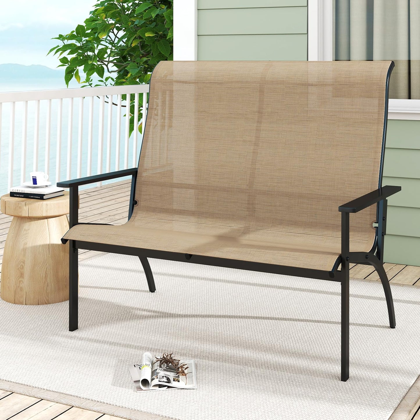 Outdoor Adirondack Bench Chair with High Back and Armrests
