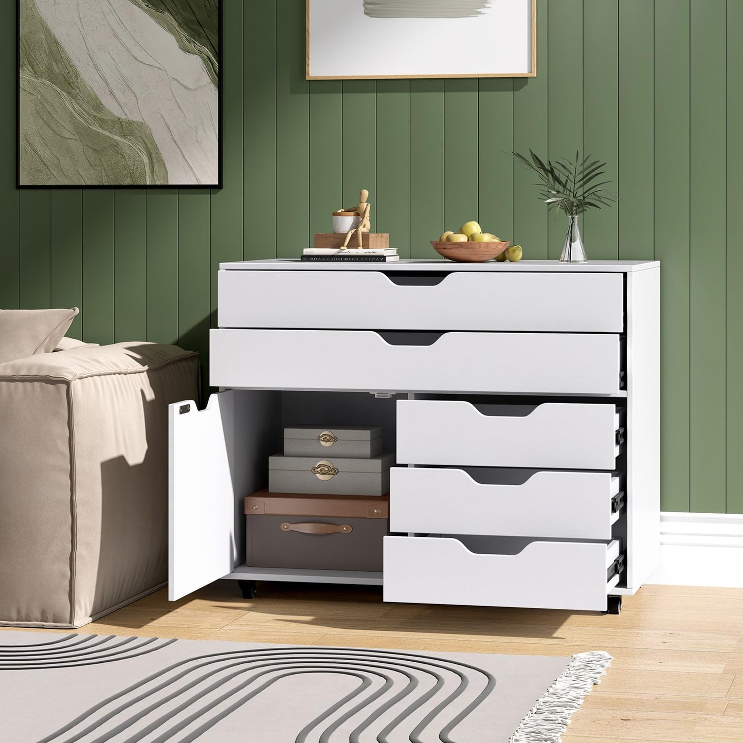 5-Drawer Chest with Door Mobile Chest of Drawers with 5 Casters