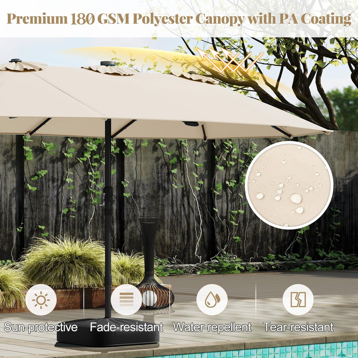 Double-Side Garden Parasol, Sun Shade Umbrella with Solar Powered LED Lights, Base & Crank System
