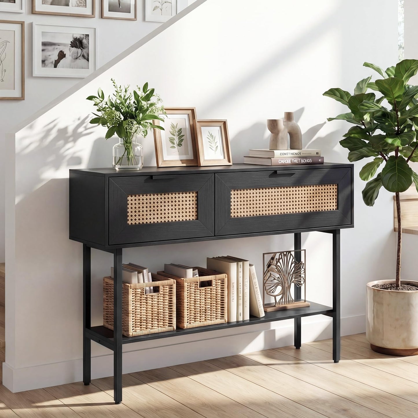 Rattan Console Table Boho Entryway Table with Flip Doors