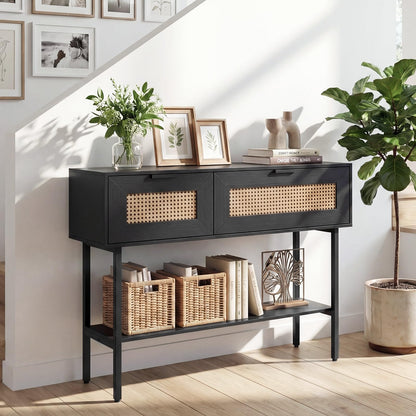 Rattan Console Table Boho Entryway Table with Flip Doors