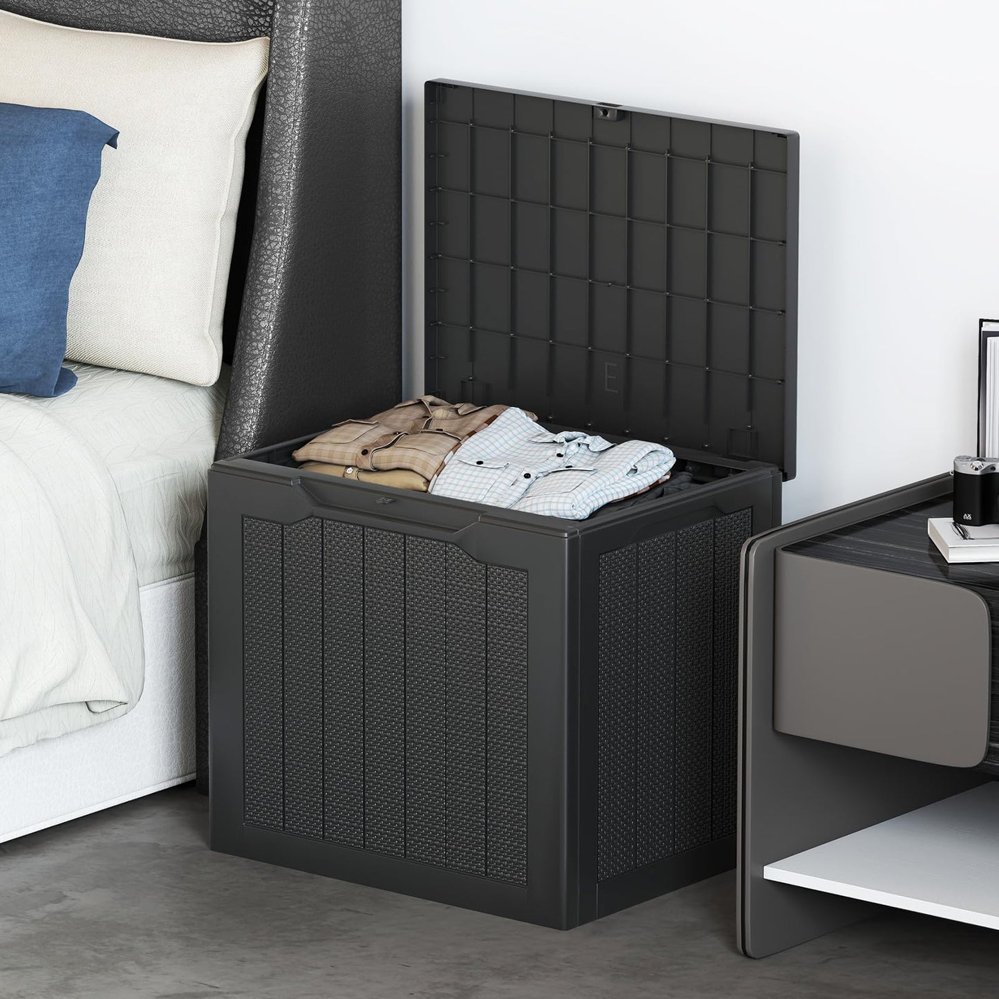 96L Outdoor Storage Box with Lockable Lid and Wicker-Woven Texture