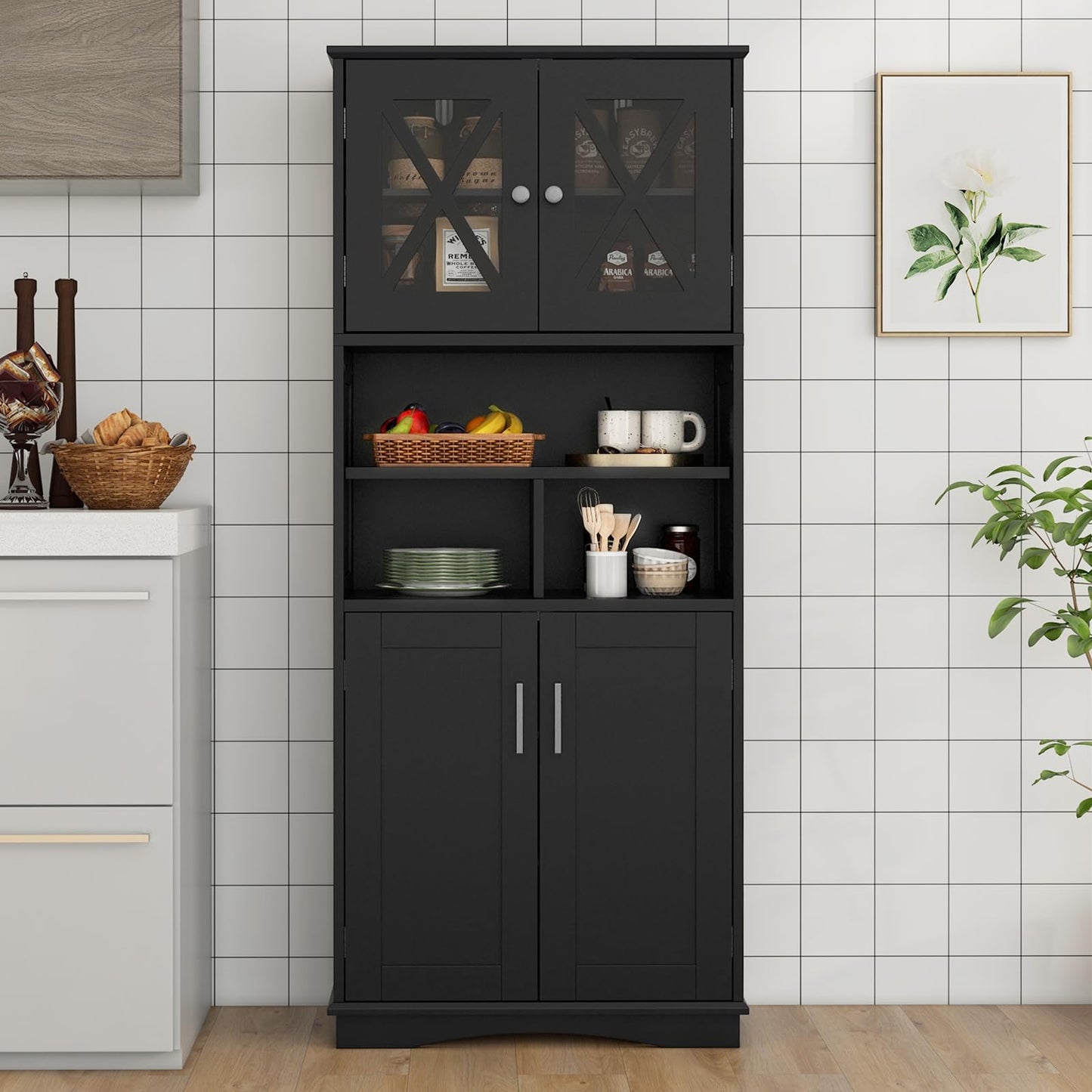Freestanding Storage Cupboard with Open/Adjustable Shelves and Doors