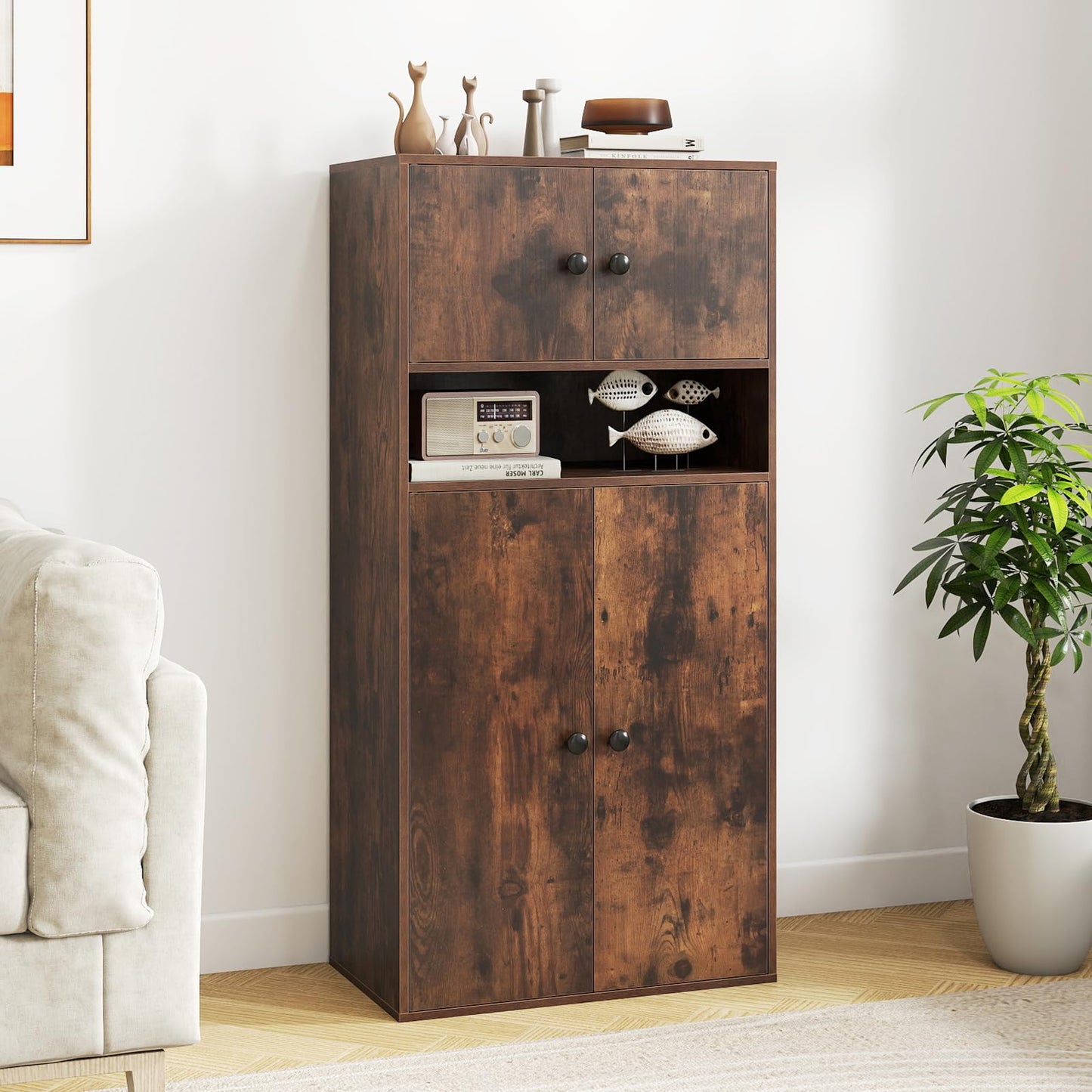 4-Tier Tall Bookcase with 4 Doors, 111cm Modern Bookshelf Display Cabinet