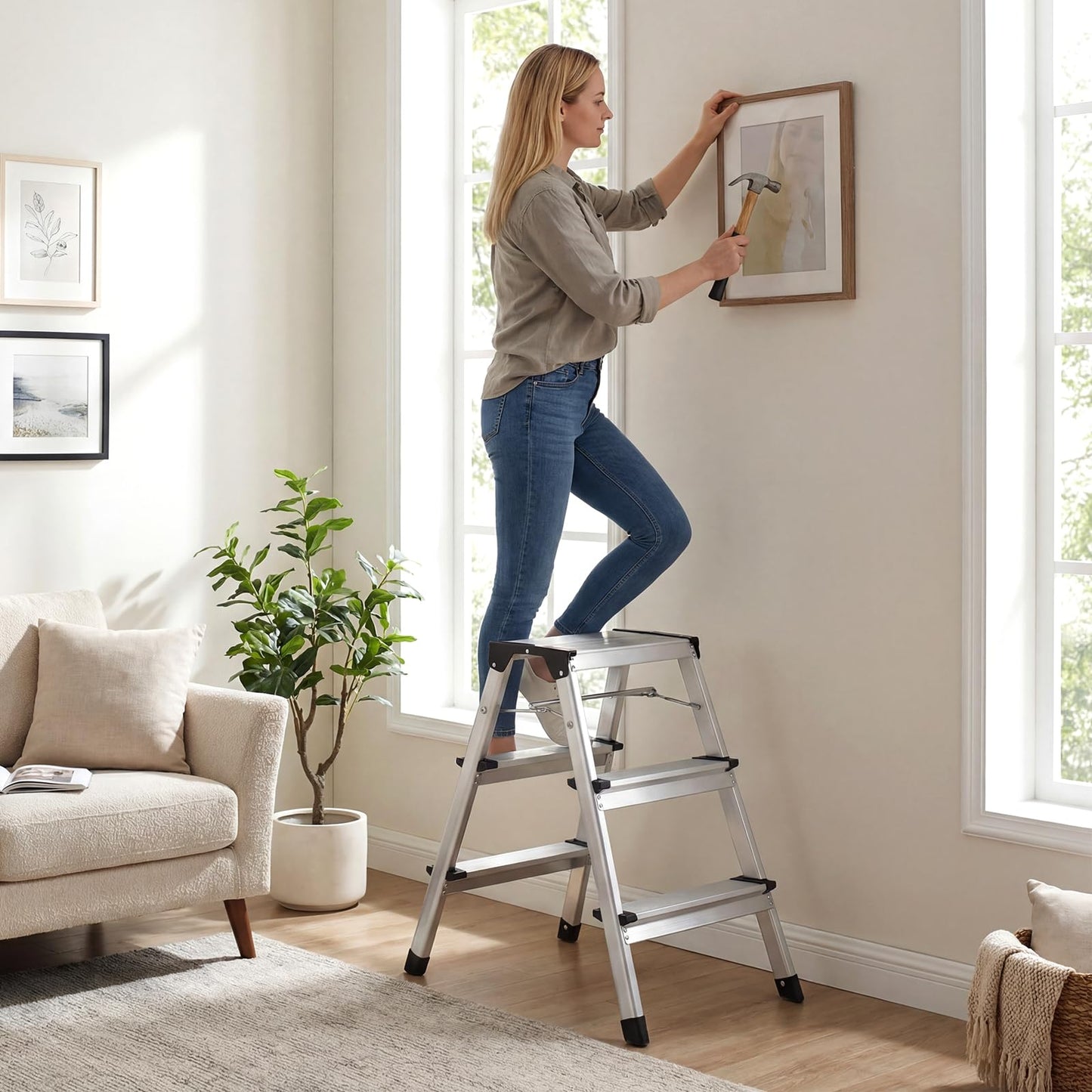 Dual-Sided 3 Step Ladder, Aluminum Folding Step Stool