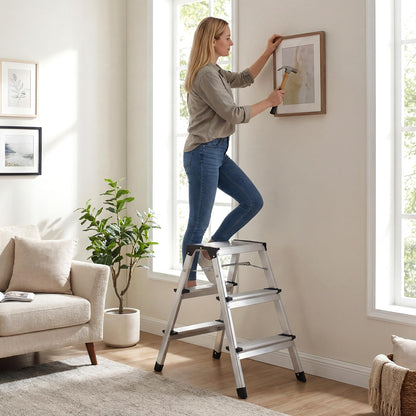 Dual-Sided 3 Step Ladder, Aluminum Folding Step Stool