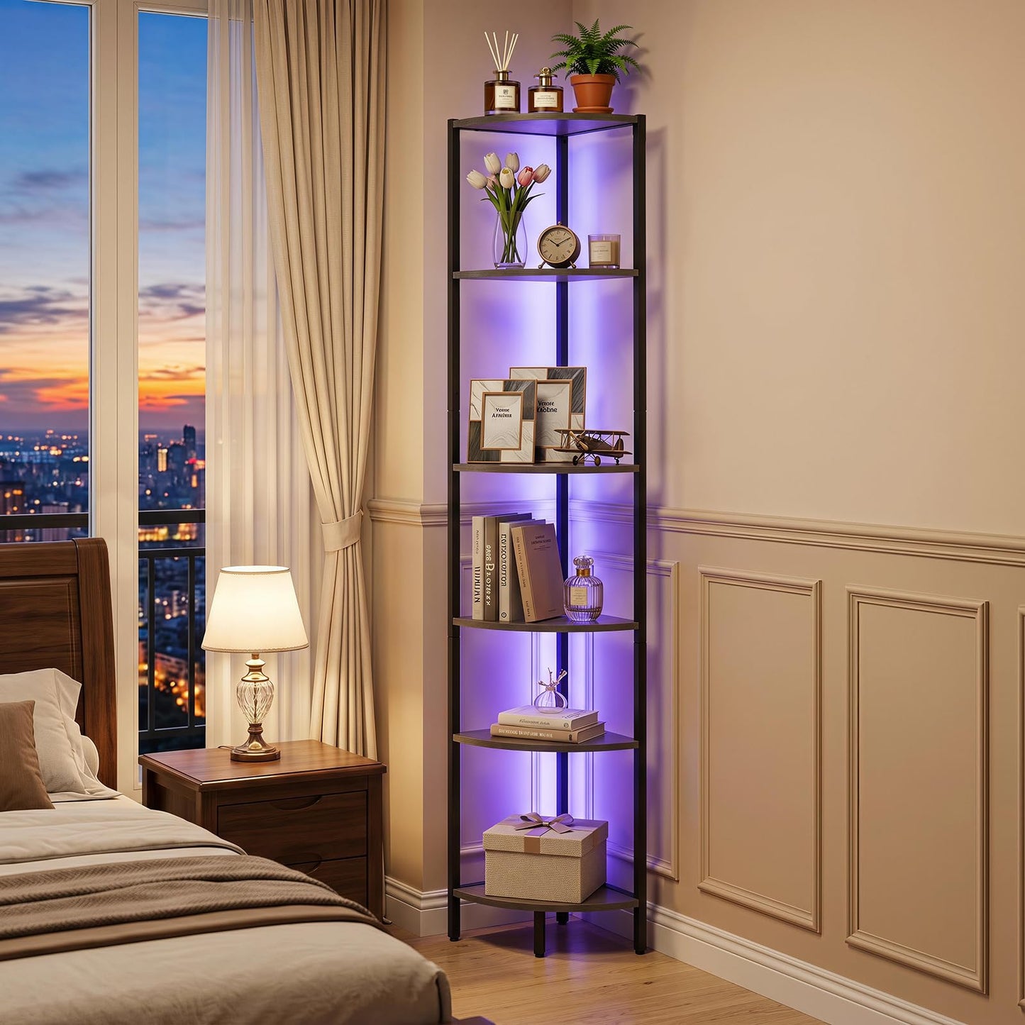 6-Tier Corner Shelf with LED Lights, 172cm Tall Bookshelf