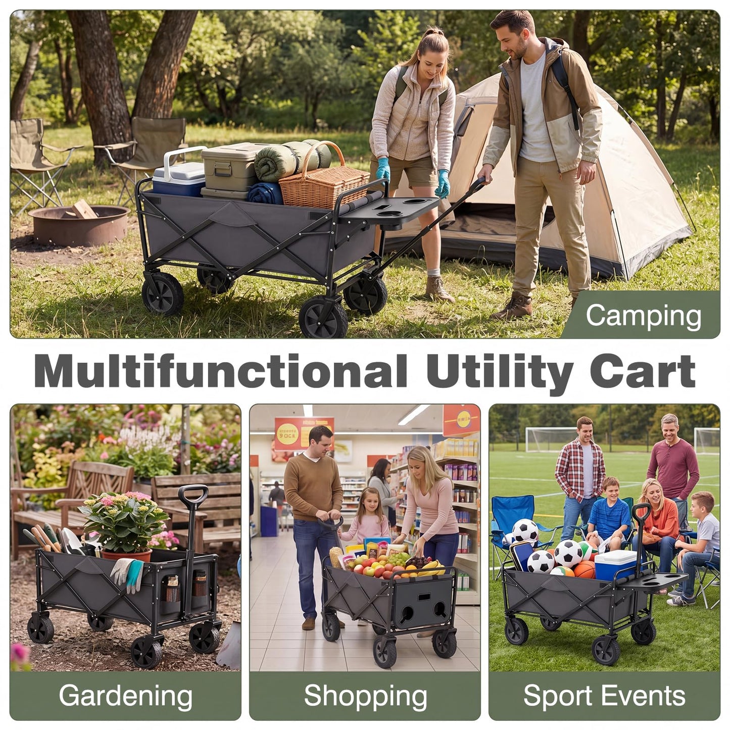 Collapsible Wagon Cart with Flexible Handle and Cup Holders