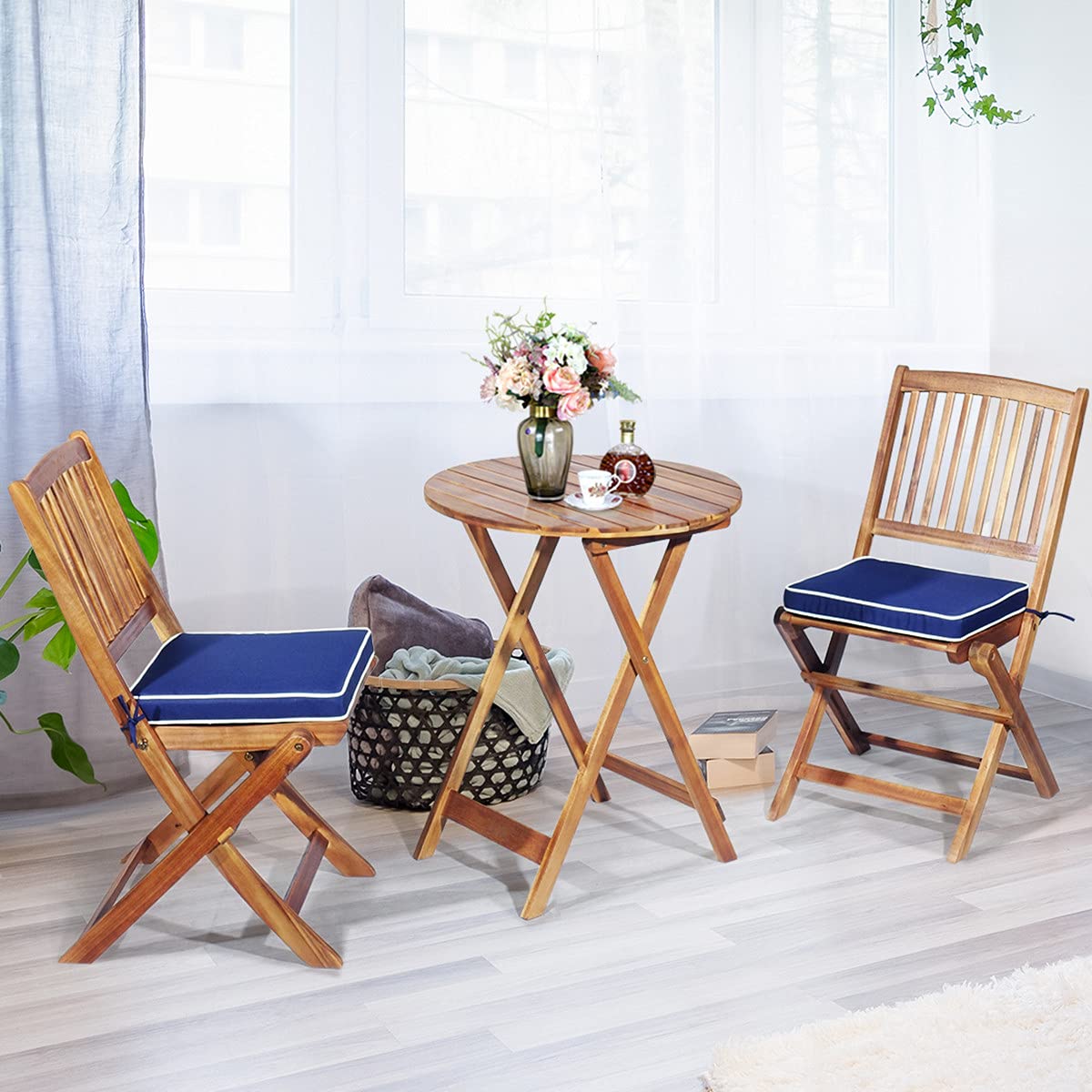 3 Piece Folding Patio Bistro Set with Cushions