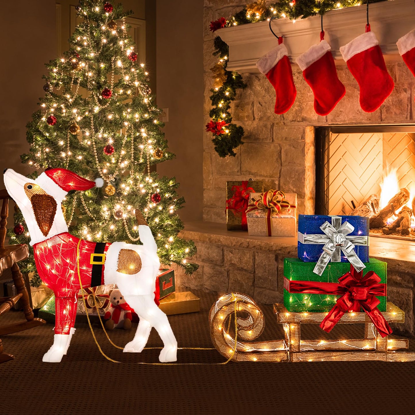 Pre-lit Lighted Christmas Dog Sleigh Gift Boxes Combo Decoration