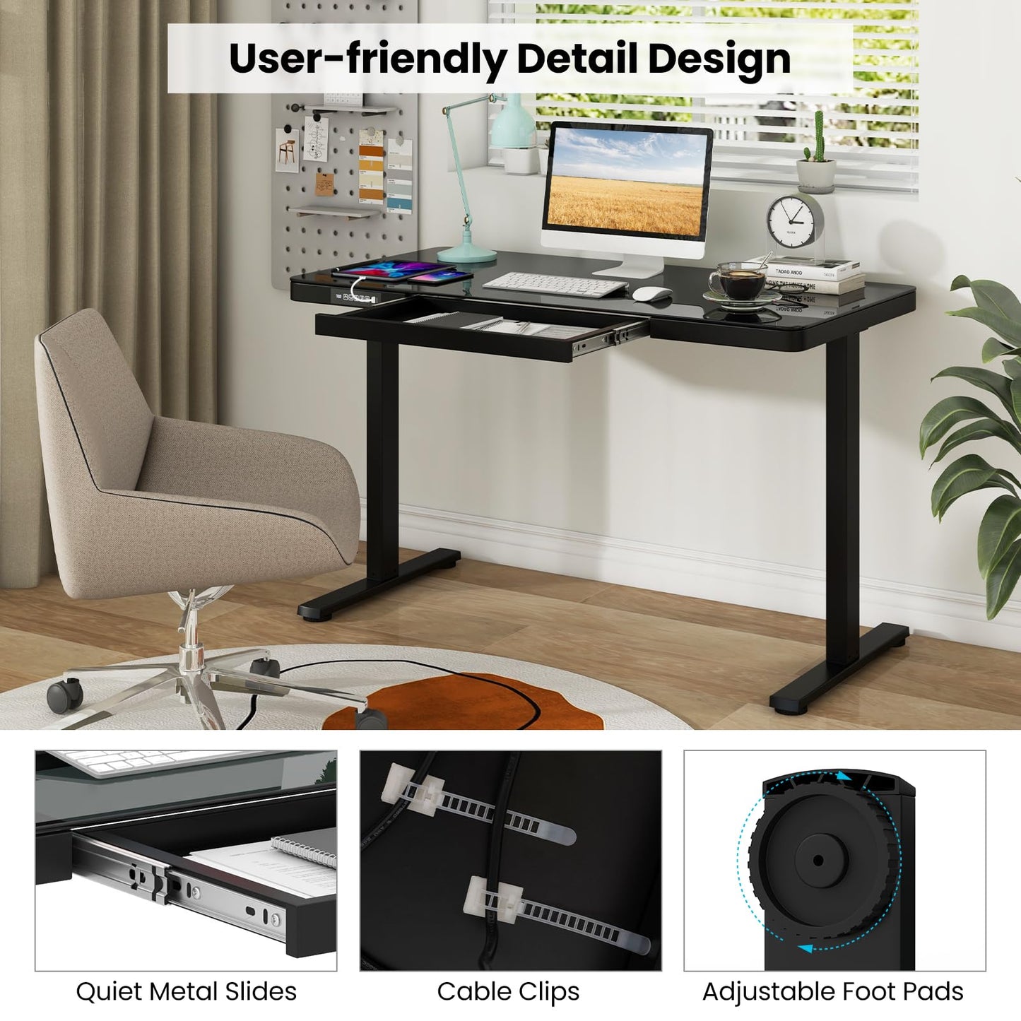 120 x 60 CM Whole-Piece Glass Standing Desk with Drawers