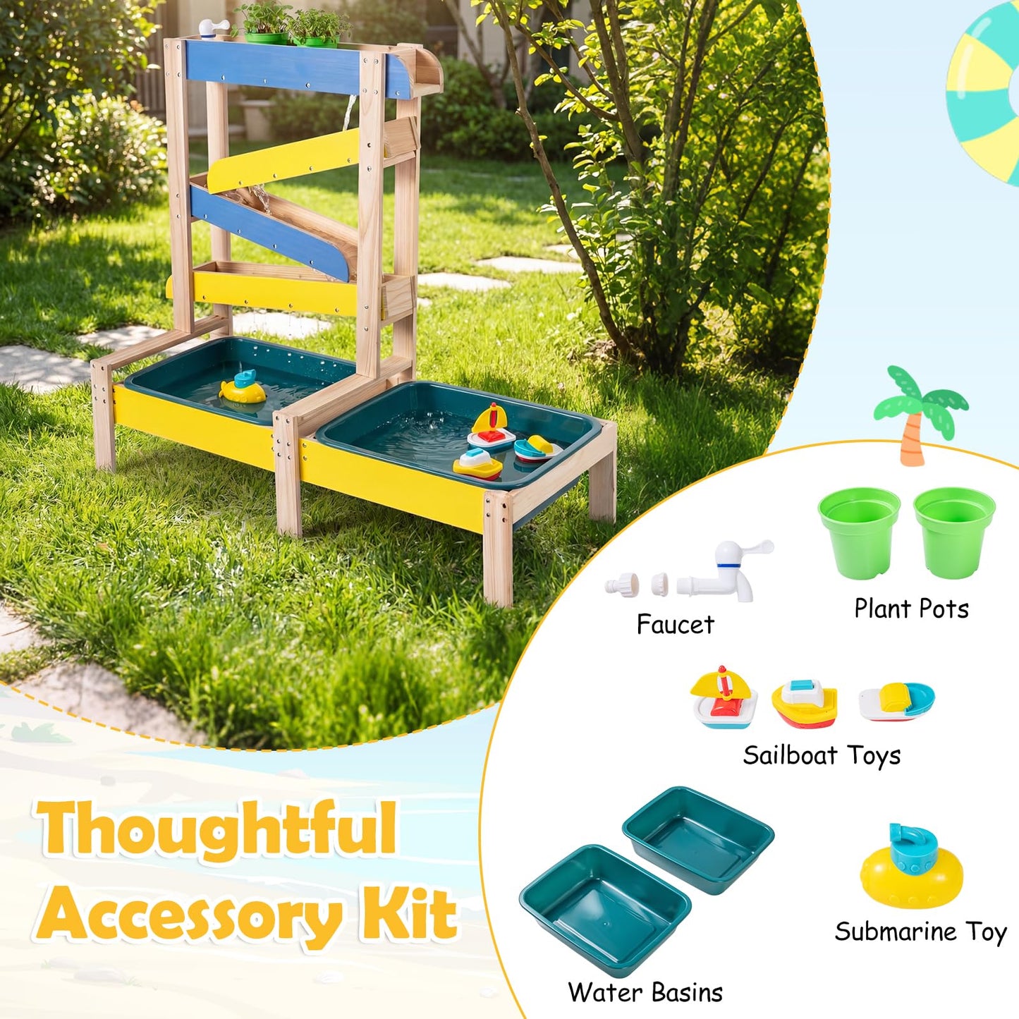 Fir Wood Montessori Sensory Play Activity Table with 2 Water Basin and Submarine Toys for Boys and Girls 3+