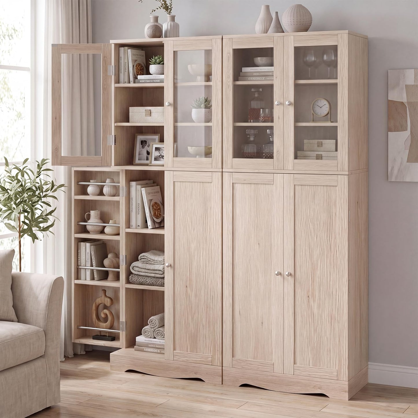 Kitchen Pantry Storage Cabinet with Glass Doors and Storage Shelves