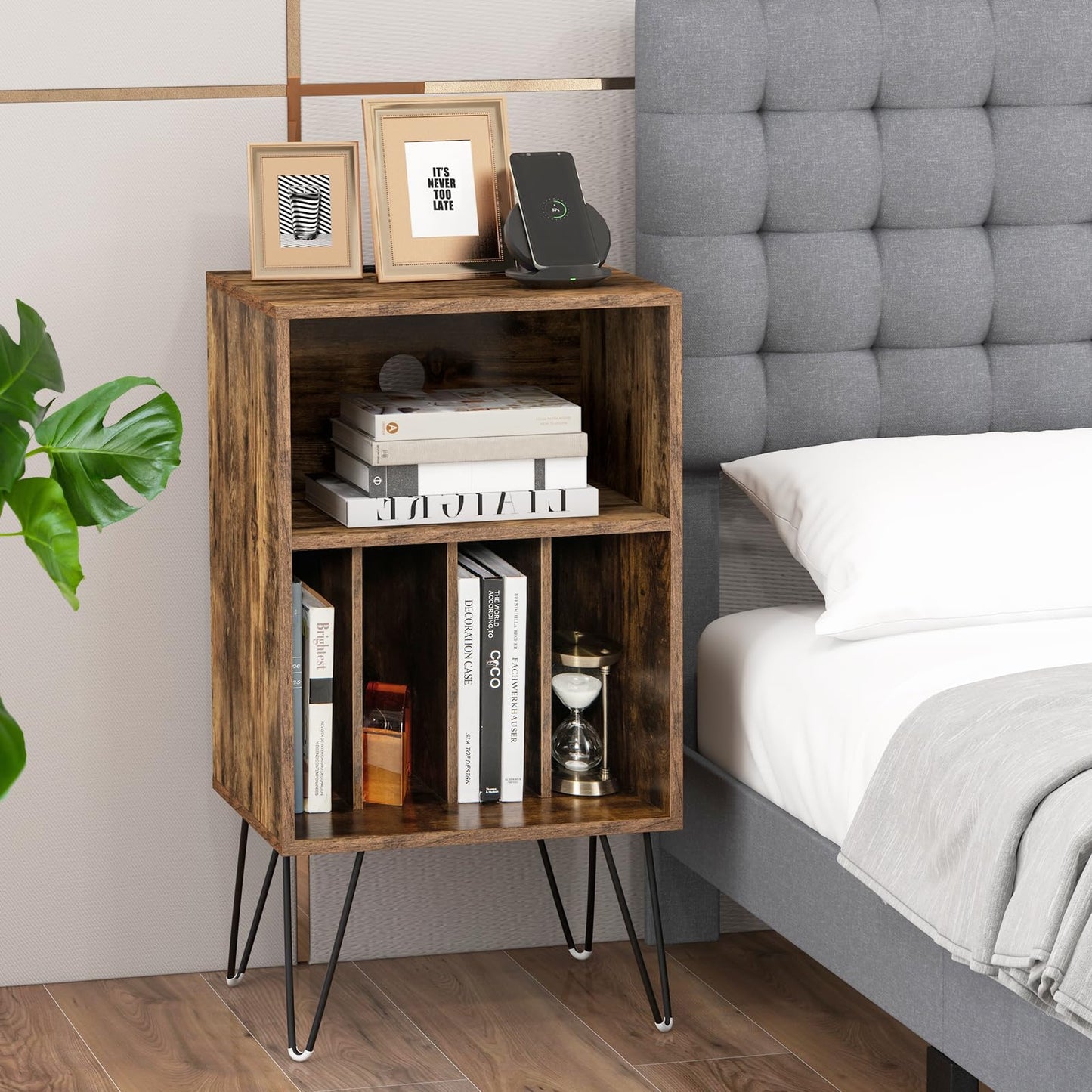 3 Tier Record Player Stand with Charging Station Shelf and 4 Dividers