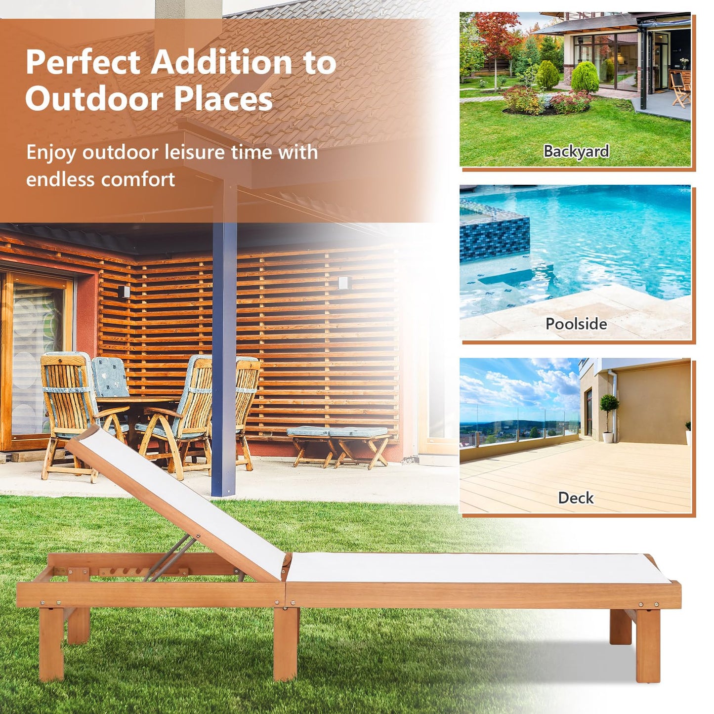 5-Postion Adjustable Patio Chaise Lounge Chair Deck Sunbed