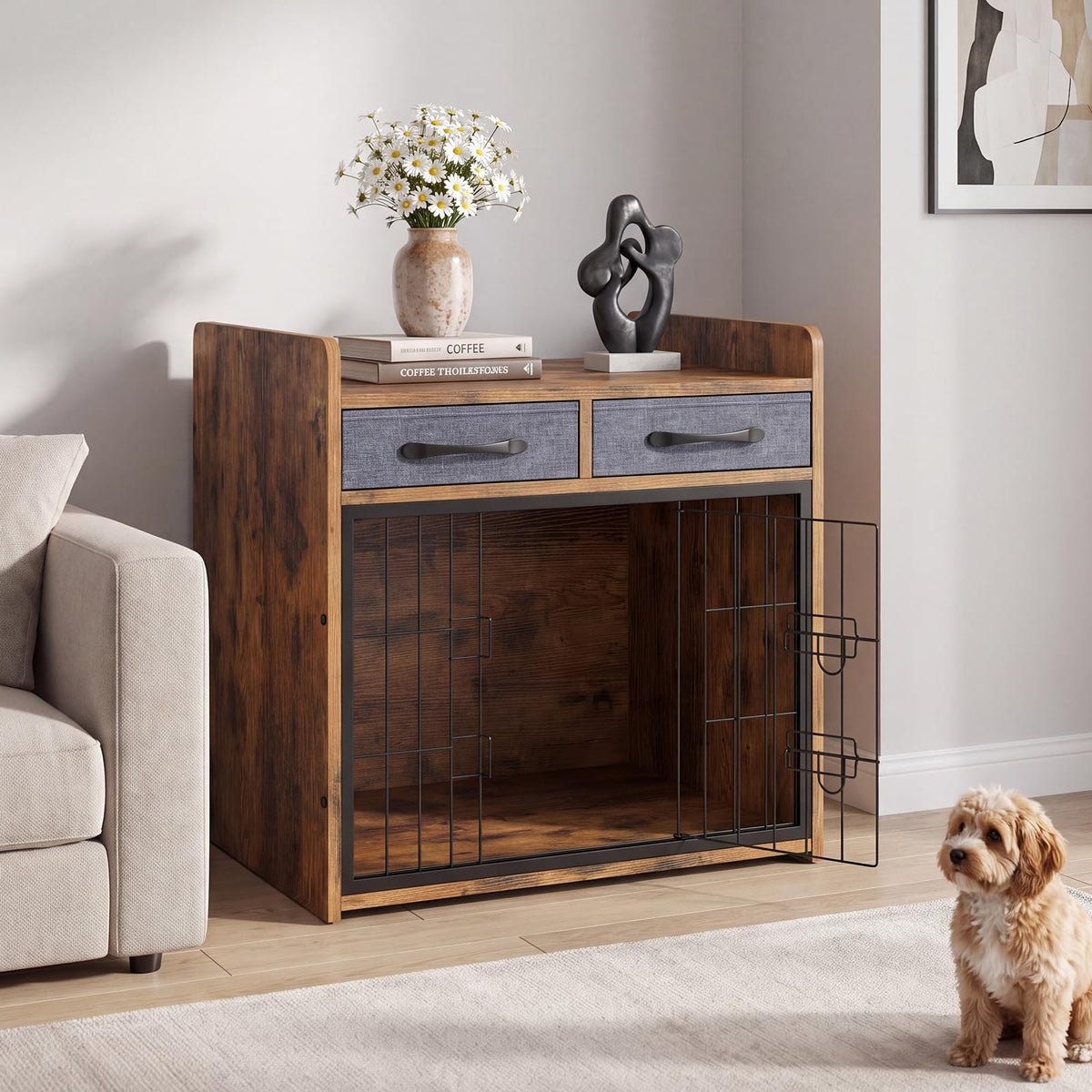 Indoor Dog Cage with 2 Fabric Drawers and Lockable Door