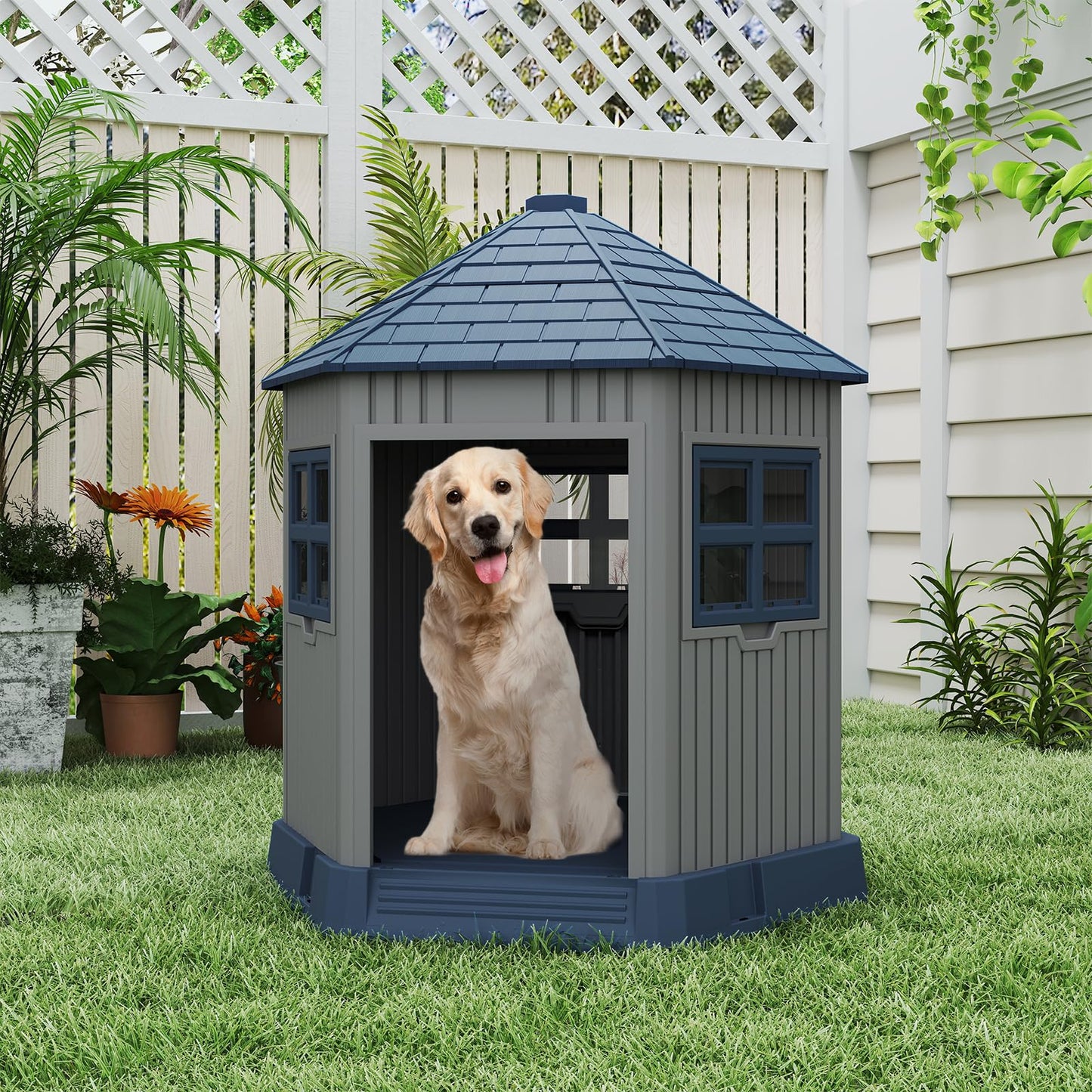 Outdoor Dog House with 2 Windows and Skylight for Small Medium Dogs
