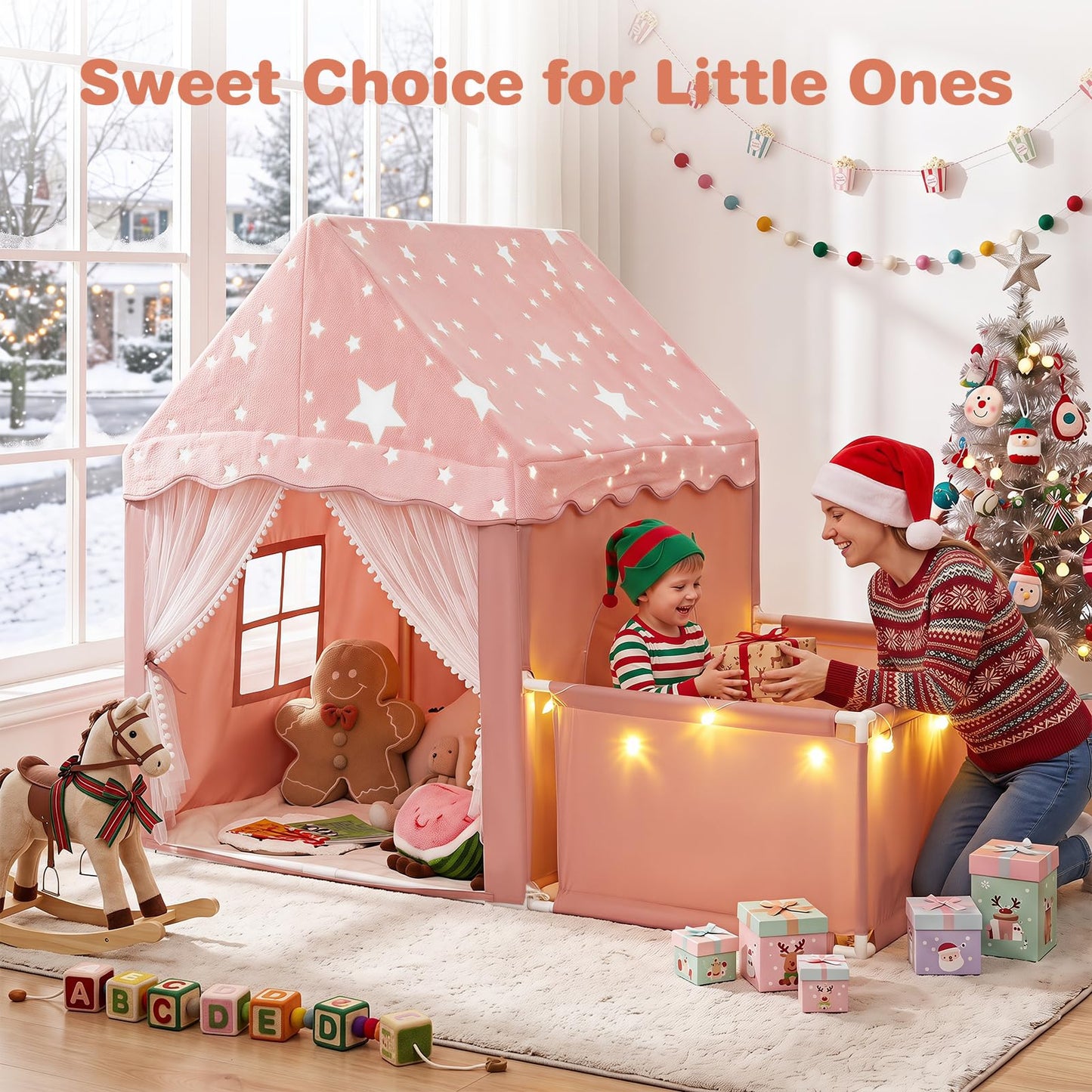 Kids Play Tent with Playpen, Padded Mat, Star Lights