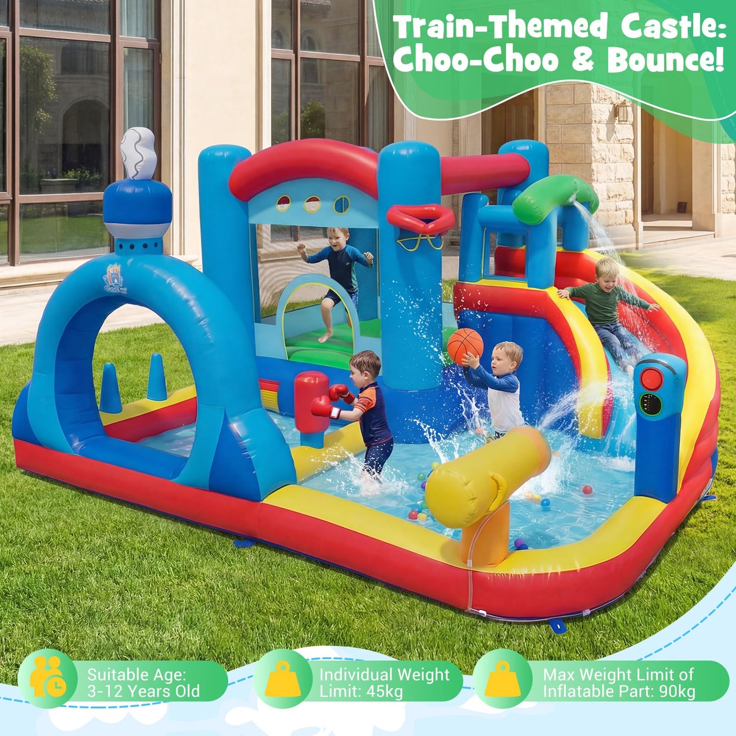 Inflatable Water Park, Kids Bouncy Castle with Splash Pool, Water Cannon