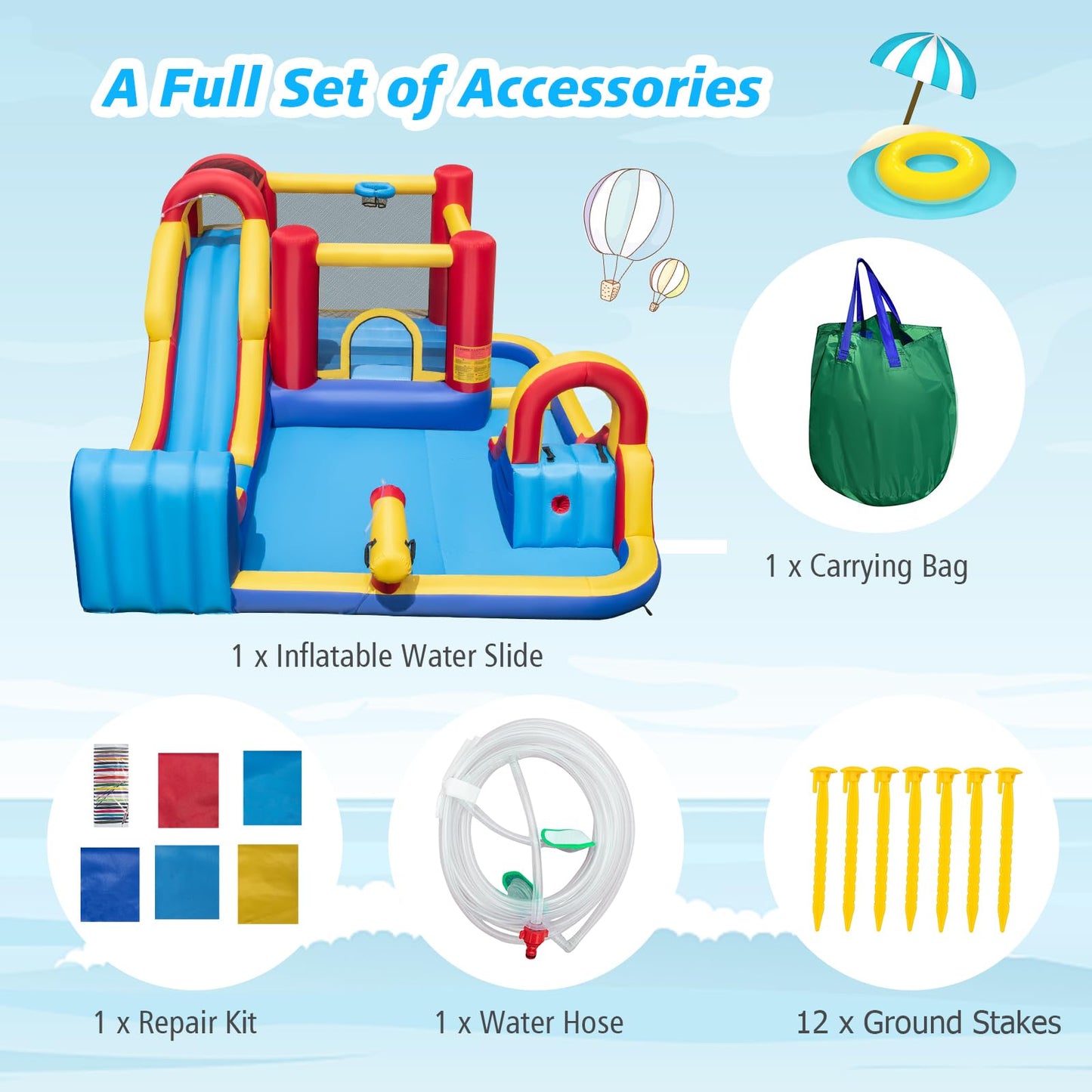 Inflatable Water Park, Kids Bouncy Castle with Double Slides, 2 Splash Pools