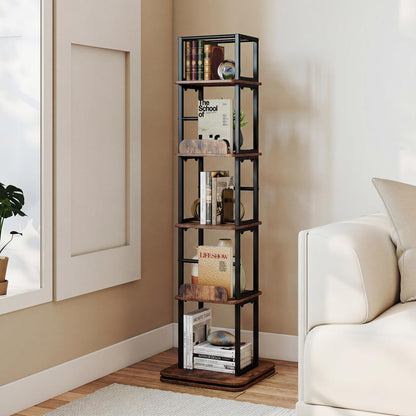 5-Tier Rotating Bookshelf Tower with 360° Spin & Side Rails for Small Spaces