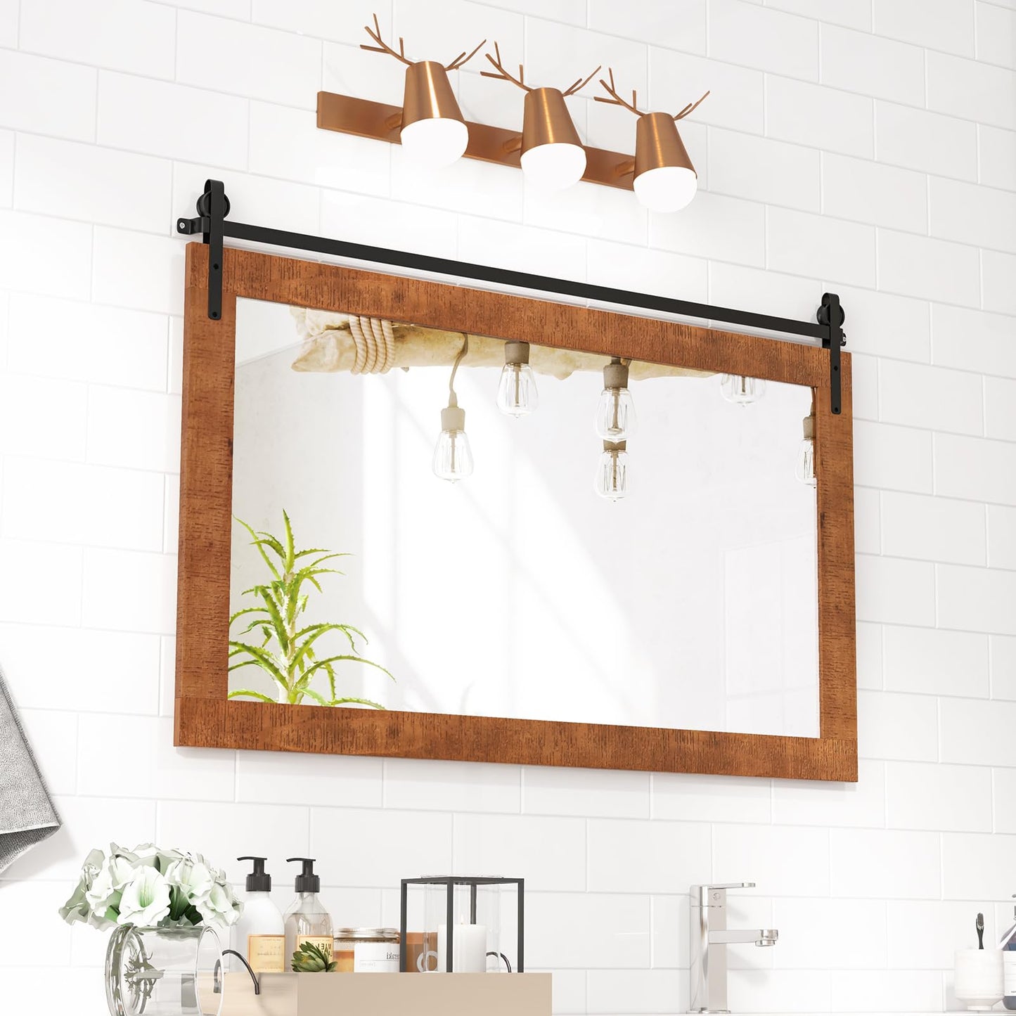 Farmhouse Bathroom Wall Mirror with Fir Wood Frame