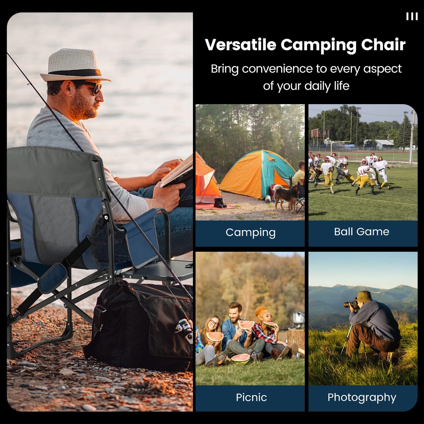 Oversized Camping Chairs with Side Table for Lawn Picnic Hiking Fishing