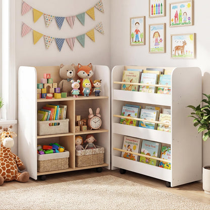 3-Tier Bookshelf for Kids with Wheels Double-sided Book Display
