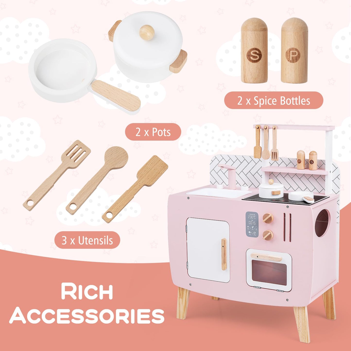 Wooden Kitchen Playset with Stoves and Cookware Accessories
