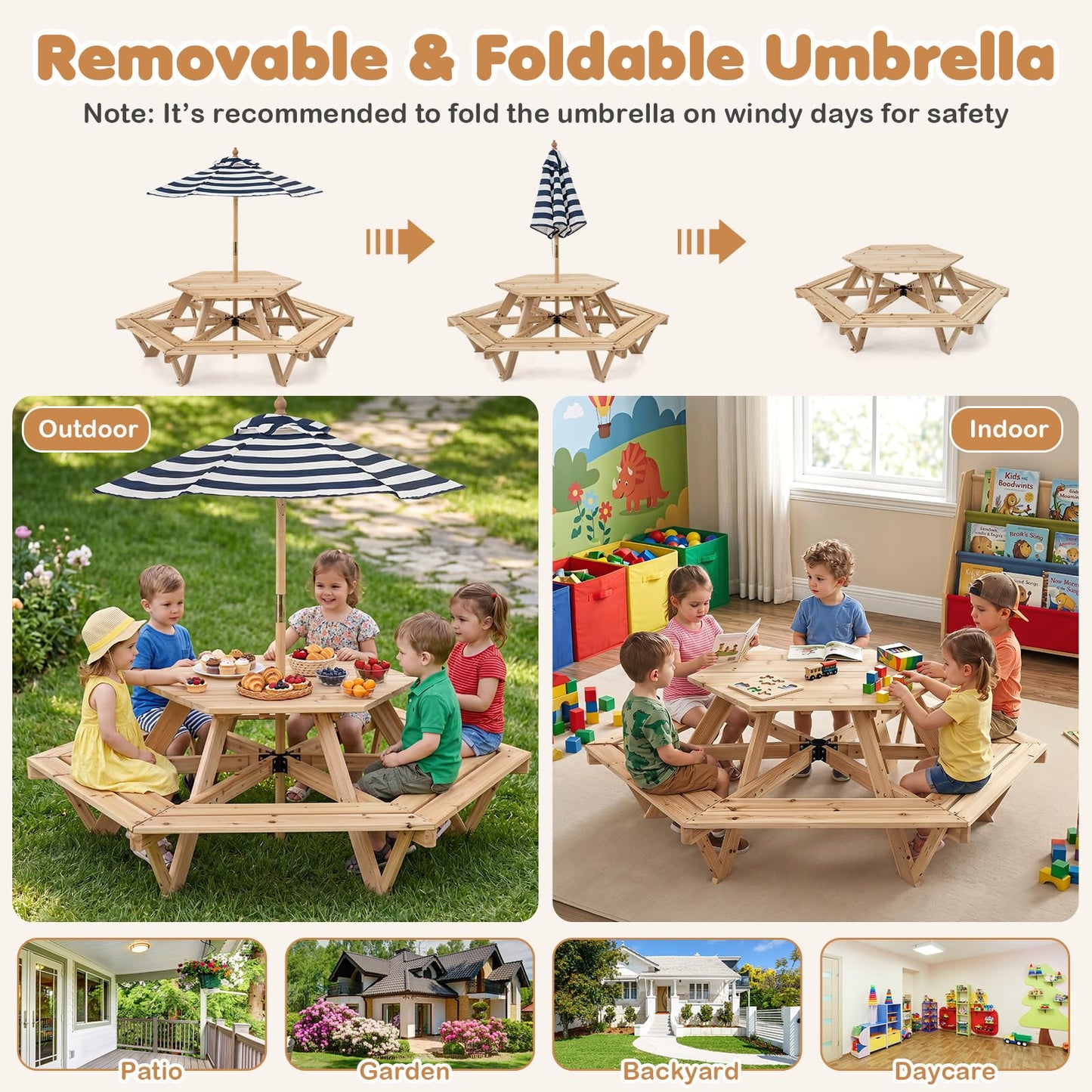 6 Seat Kids Picnic Bench Set with Removable Adjustable Umbrella