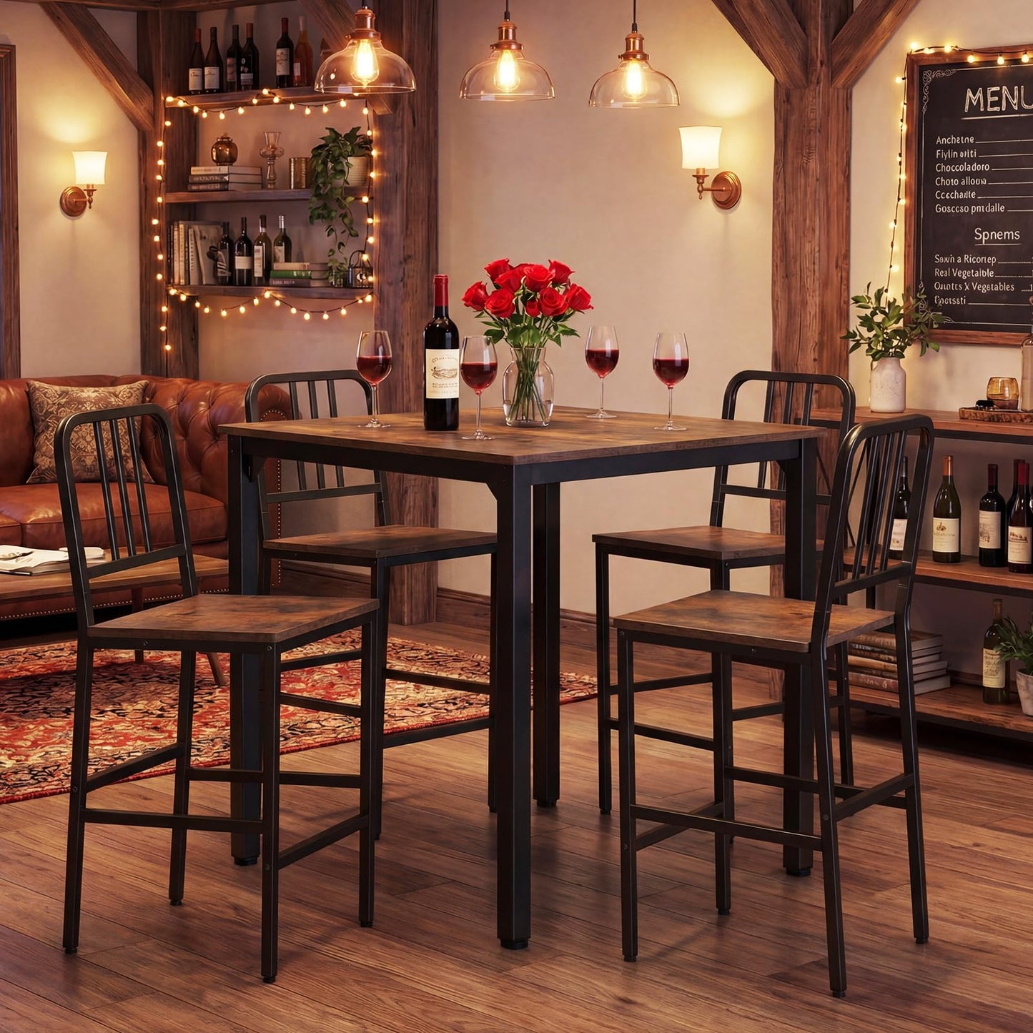 Counter Height Dining Table Set for 4 Kitchen Bar Table and Chairs Set with Faux Marble Surface
