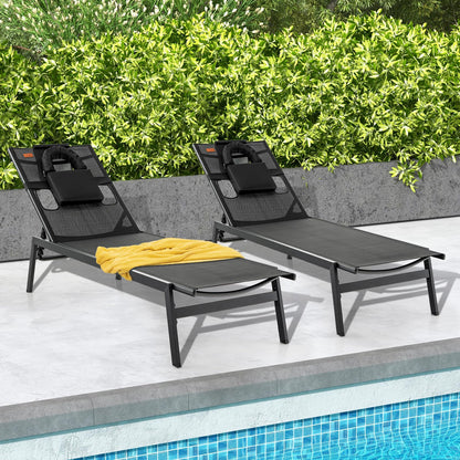 5 Positions Adjustable Chaise Lounge Deck Sunbed with Detachable Head Pillows