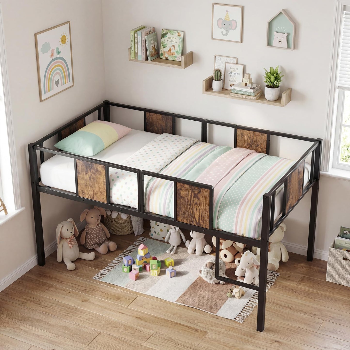 Kids Loft Bed, Metal Single Size Low Loft Bed with Under-Bed Space