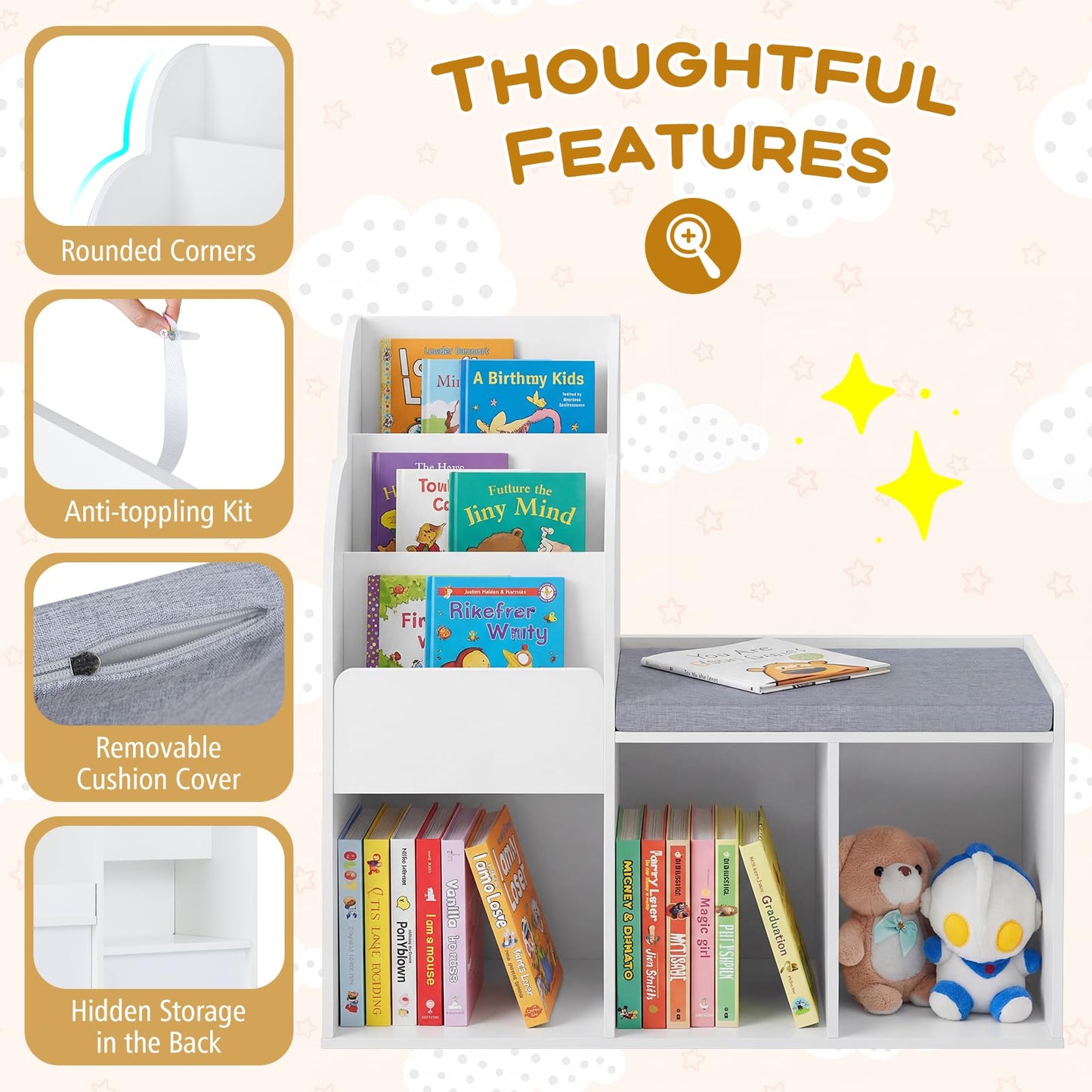 Kids Reading Nook with Bench Wooden Toddler Bookcase with 3 Storage Cubbies