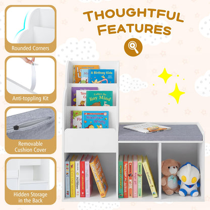 Kids Reading Nook with Bench Wooden Toddler Bookcase with 3 Storage Cubbies