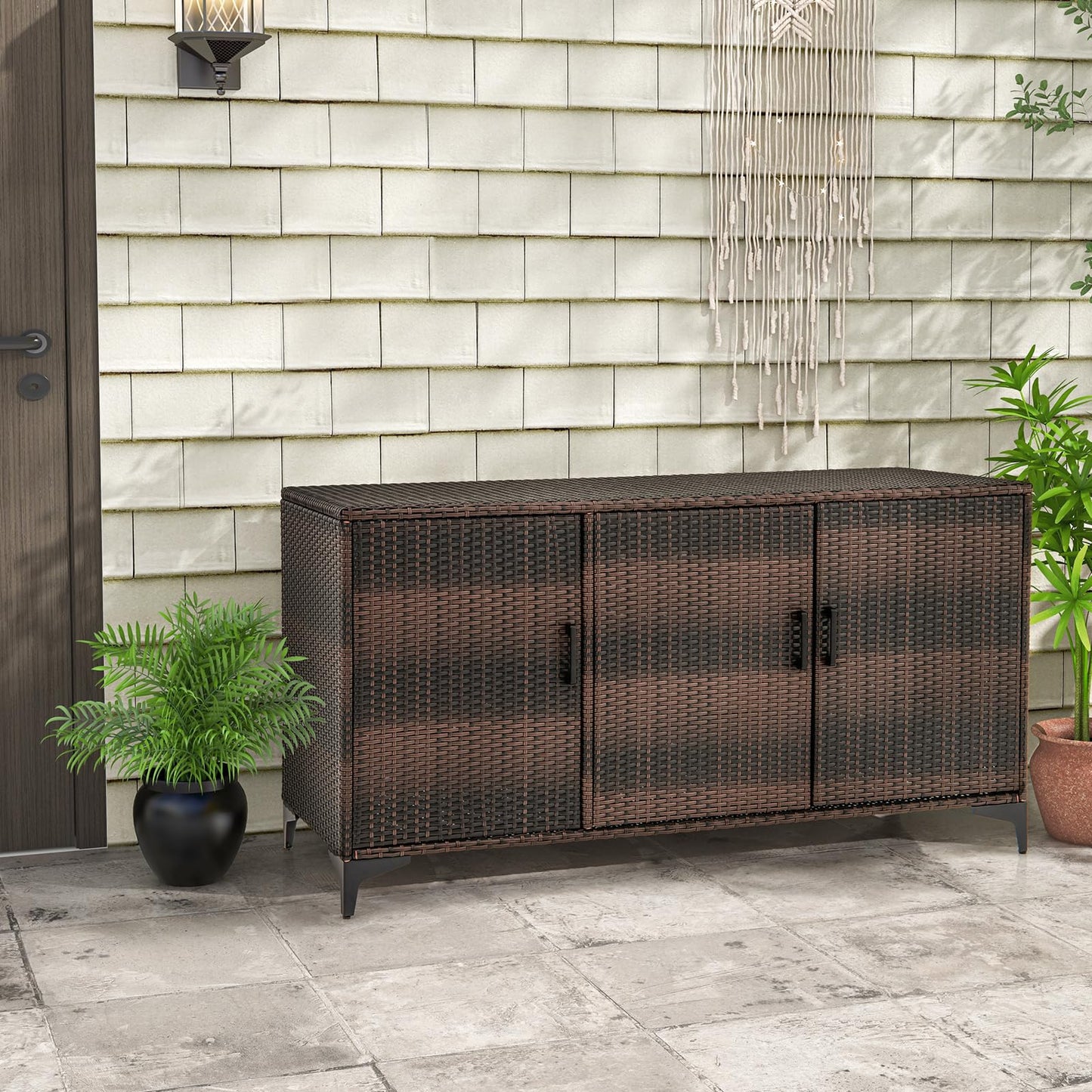 318 L Patio Wicker Storage Cabinet Deck Box with Removable Shelves