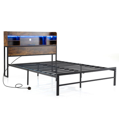 Double/King Size Bed Frame with LED Lights and Charging Station