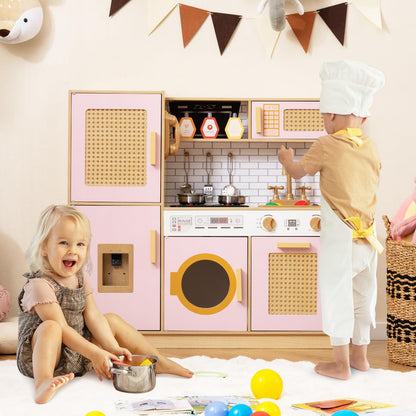 Wooden Kids Kitchen Playset with Real Sounds Lights Stove Water Dispenser