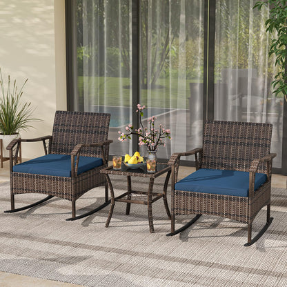 3 PCS PE Rattan Garden Rocking Bistro Set with Tempered Glass Coffee Table